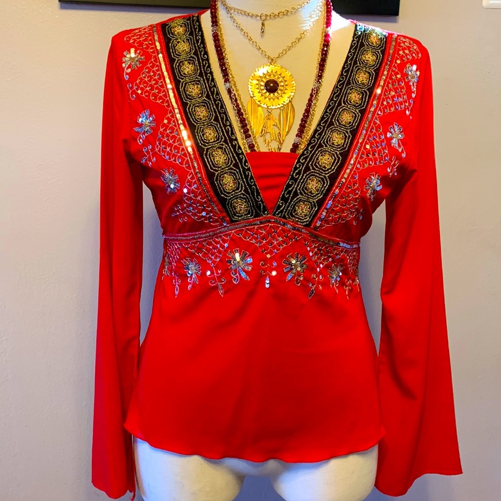 Lovely bohemian red top beautifully embellished embroidery with beads & sequins